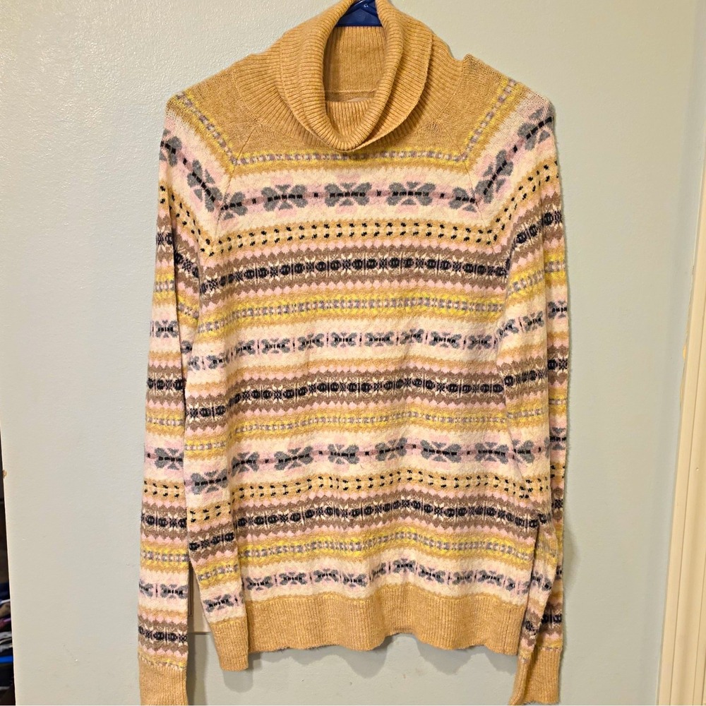 LOFT Women's Fair Isle Knit Turtleneck Raglan Sweater M Beige Pink Gray #129
